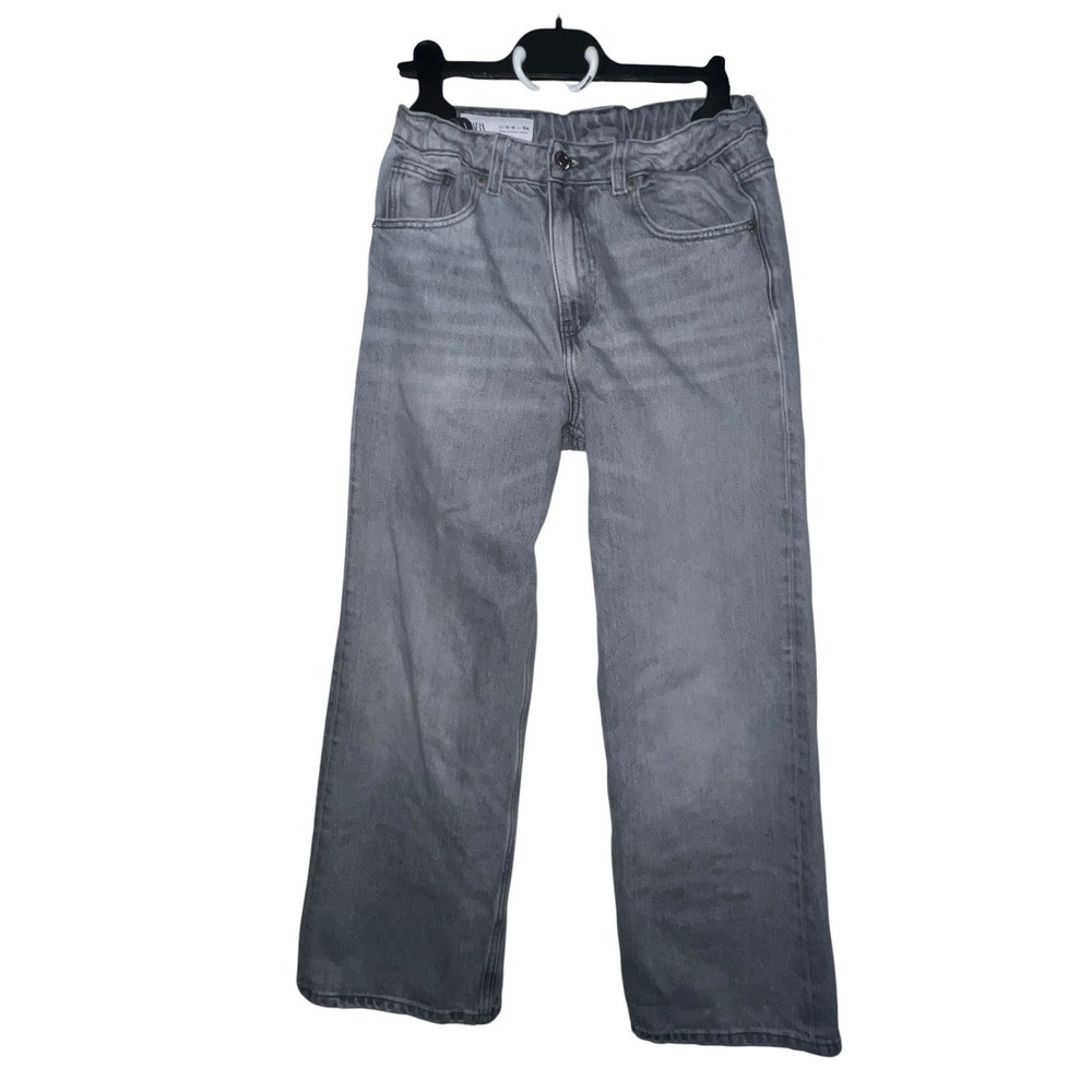 Zara Kids Girl Wide Leg Grey Jeans Mid Rise Adjustable Waist Size 13-14 Cotton‎